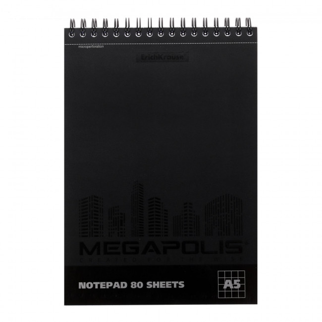 Блокнот А5, 80 листов в клетку, на гребне MEGAPOLIS, обложка мелованный картон, твин-лак, перфорация листов