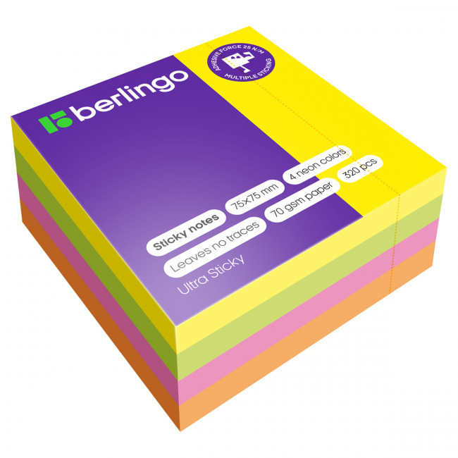 Самоклеящийся блок Berlingo "Ultra Sticky", 75*75мм, 320л., 4 неоновых цвета Самоклеящийся блок Berlingo "Ultra Sticky", 75*75мм, 320л., 4 неоновых цвета