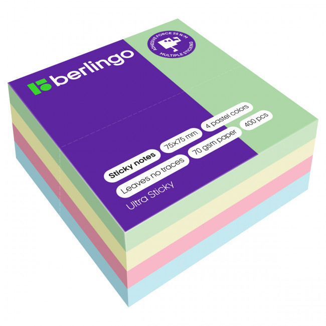 Самоклеящийся блок Berlingo "Ultra Sticky", 75*75мм, 400л., 4 пастельных цвета Самоклеящийся блок Berlingo "Ultra Sticky", 75*75мм, 400л., 4 пастельных цвета