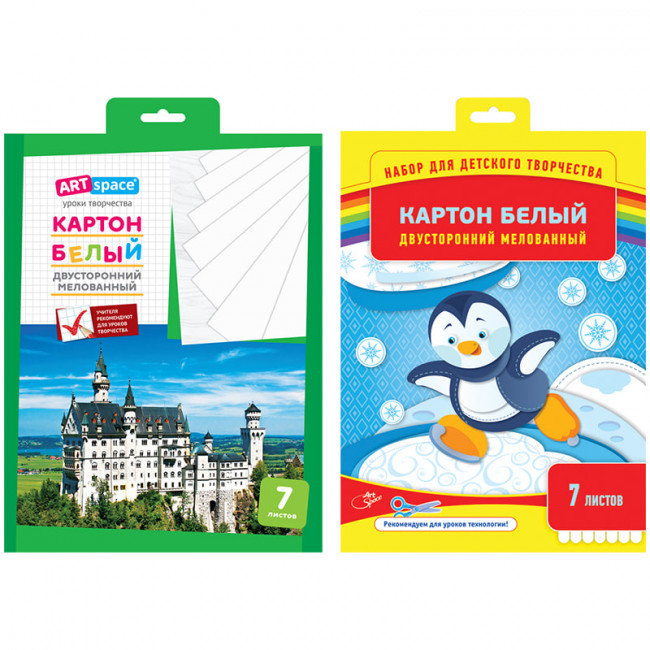 Картон белый двусторонний A4, ArtSpace, 7л., мелованный, в папке с европодвесом, Нкм7б_1093 Картон белый двусторонний A4, ArtSpace, 7л., мелованный, в папке с европодвесом, Нкм7б_1093
