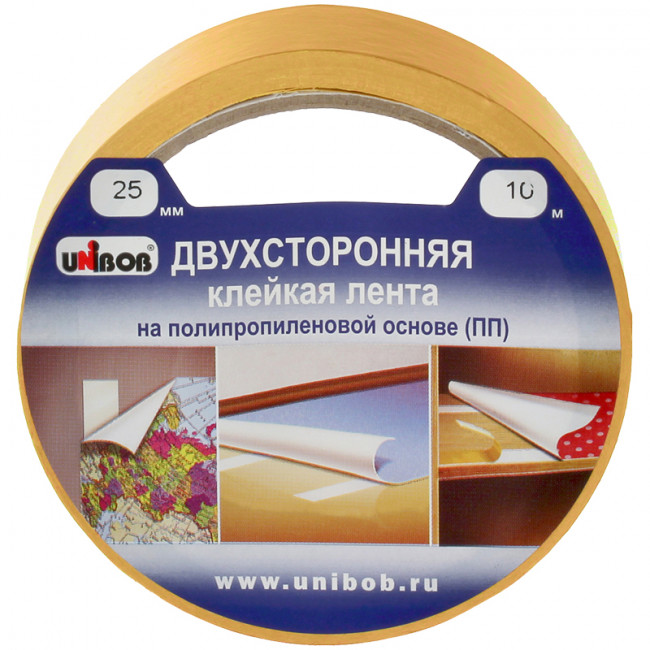Клейкая лента двусторонняя Unibob, 25мм*10м, полипропилен, инд. упаковка Клейкая лента двусторонняя Unibob, 25мм*10м, полипропилен, инд. упаковка
