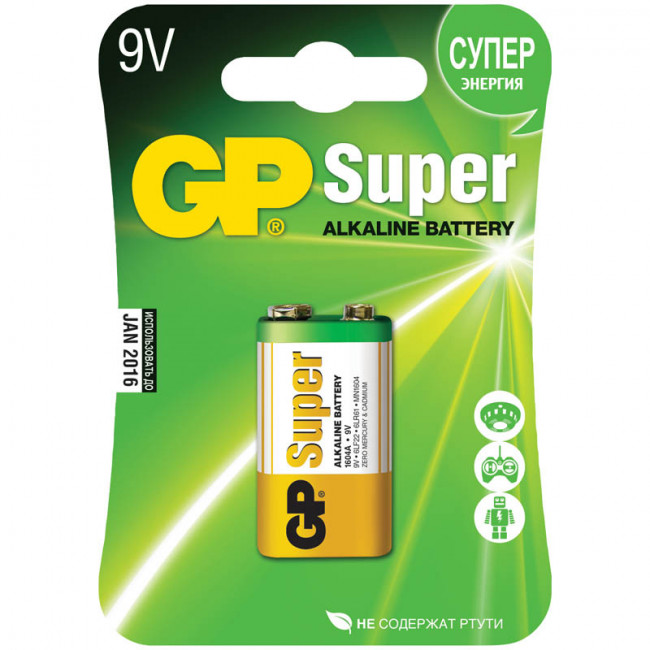 Батарейка GP Super MN1604 (6LR61) Крона, алкалиновая, BC1 Батарейка GP Super MN1604 (6LR61) Крона, алкалиновая, BC1
